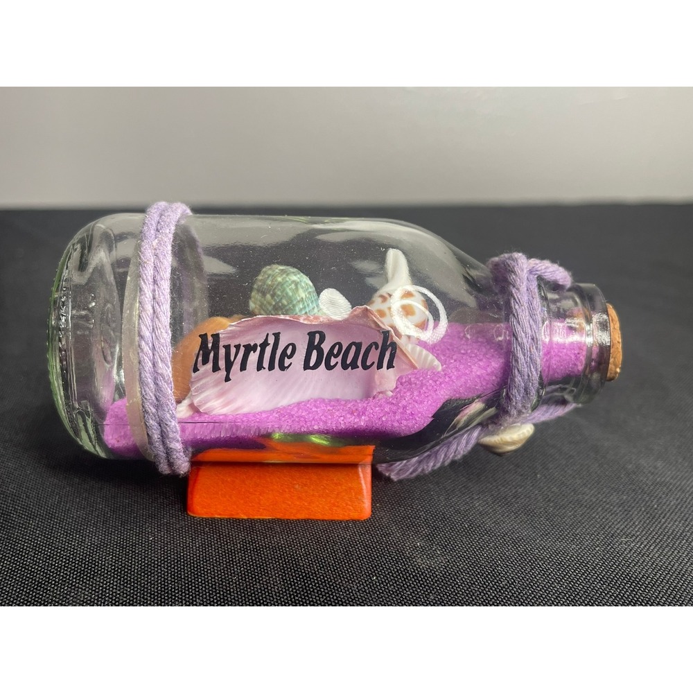 Vintage Myrtle Beach Souvenir Glass Bottle Purple Sand Shells Wooden Base Stand